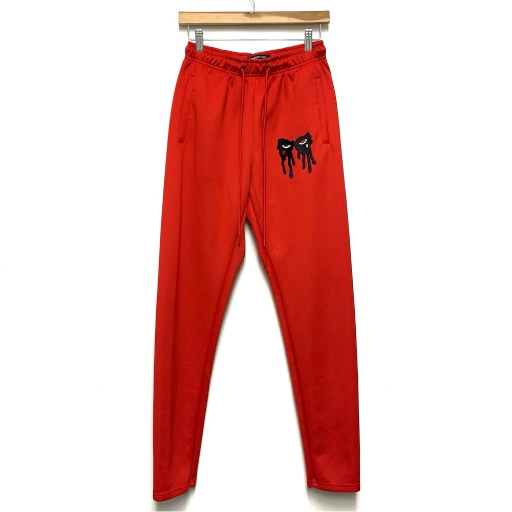 Roku Studio‎ Mini Tear Drip Track Pants Joggers Size Medium Red Tear Drop Eyes - Picture 2 of 12